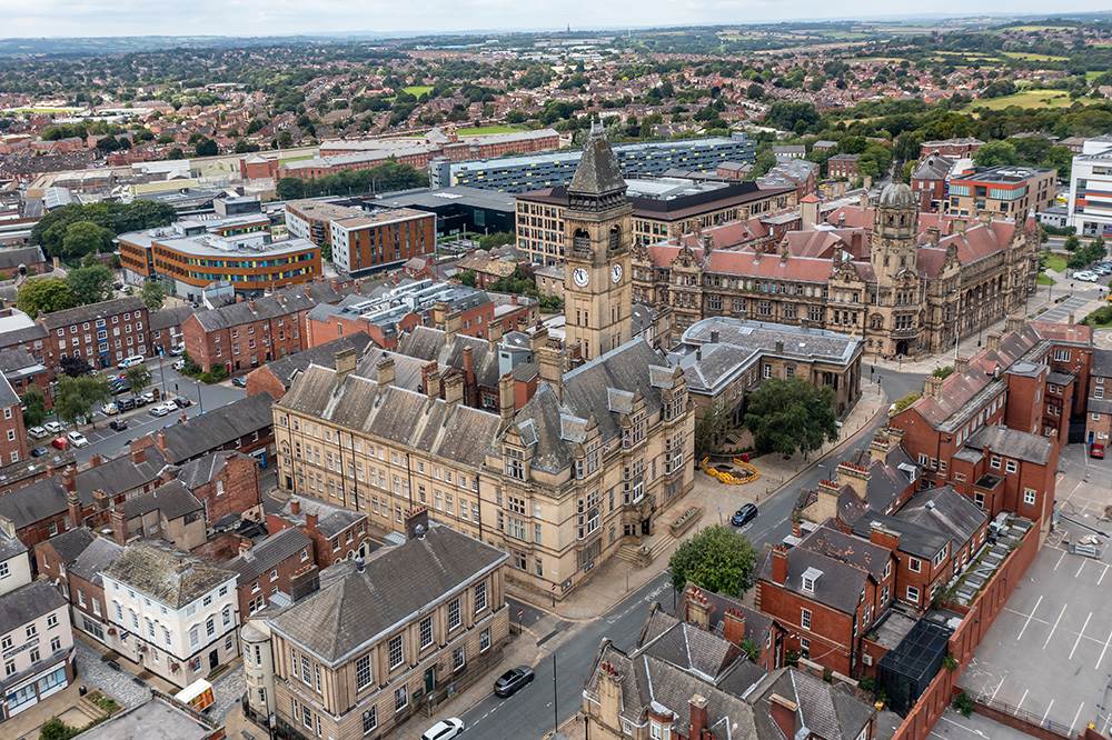 Aerial view of Wakefield city centre in West Yorkshire