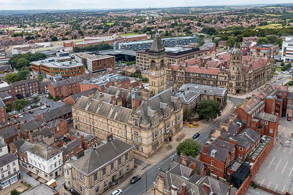 Aerial view of Wakefield city centre in West Yorkshire